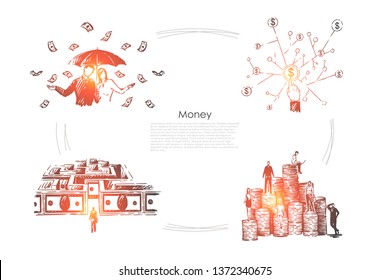 Profit, income, millionaires with umbrella under money rain, cash maze, rich people on coin stacks banner. Financial literacy, business investment concept sketch. Hand drawn vector illustration