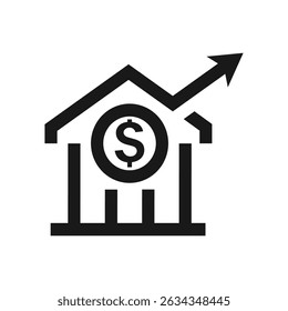 Profit increase bank icon. Development, growth, statistics, success, level up symbol. Vector concept suitable for web and graphic design 