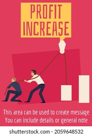 Profit increase banner or poster template with people lifting graph blocks, flat vector illustration. Business strategy of profit increasing and sales growth.