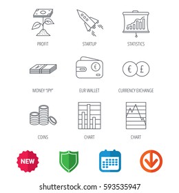 Profit investment, cash money and startup rocket icons. Wallet, currency exchange and euro linear signs. Chart, coins and statistics icons. New tag, shield and calendar web icons. Download arrow