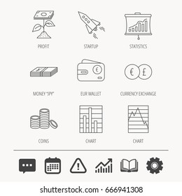 Profit investment, cash money and startup rocket icons. Wallet, currency exchange and euro linear signs. Chart, coins and statistics icons. Education book, Graph chart and Chat signs. Vector