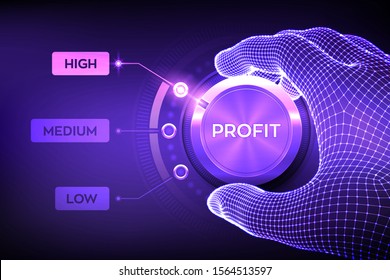 Profit levels knob button. Increasing Profit Level. Wireframe hand setting profit button on highest position. Finance concept illustration of profitability or return on investment. Vector illustration