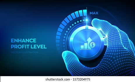 Profit levels knob button. Increasing Profit Level. Wireframe hand turning a profit test knob to the maximum position. Finance concept of profitability or return on investment. Vector illustration.