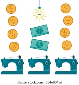 The profit of light industry, dollar bills and coins. sewing workshop with the light bulb. Sewing machine, home appliances, textiles, job as a seamstress.