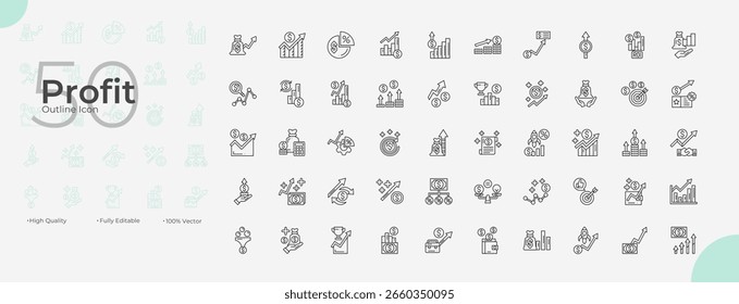 Conjunto de iconos editables de línea de ganancias. Ilustración vectorial en estilo de línea delgada moderna de iconos de ganancias: dinero, ingresos, ahorros, etc