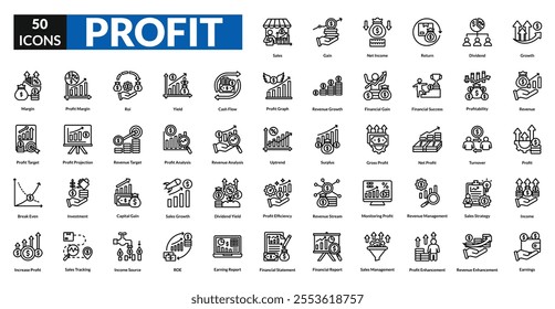 Profit line icon collection set. Includes growth, revenue, income, success, gain, sales, investment, earnings, finance, wealth, chart, increase, money, value, market