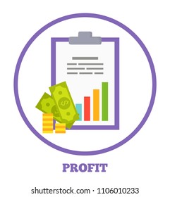 Profit logotype with statistical chart and money. Profitable business round emblem. Banknotes coins on promo financial logo vector illustration in circle