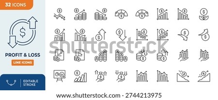 profit and loss icon set. Contain icons related to increase, decrease, graph, profit and loss statement, and more. Editable stroke. Vector Illustration	
