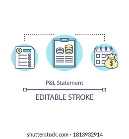 Profit And Loss Statement Concept Icon. Balance Sheet For Business Analytics. Product Management Idea Thin Line Illustration. Vector Isolated Outline RGB Color Drawing. Editable Stroke