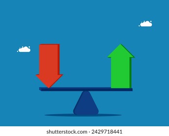 Profit or loss from stocks. Balancing on seesaw, up arrow and down arrow 