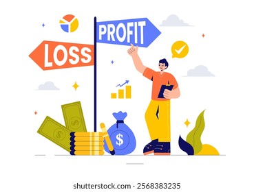 Profit and Loss Vector Illustration Featuring Investment Gains, Earnings, Money Loss, and a Businessman Investor Balancing on a Seesaw with an Arrow