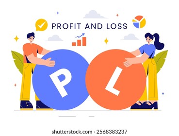 Profit and Loss Vector Illustration Featuring Investment Gains, Earnings, Money Loss, and a Businessman Investor Balancing on a Seesaw with an Arrow