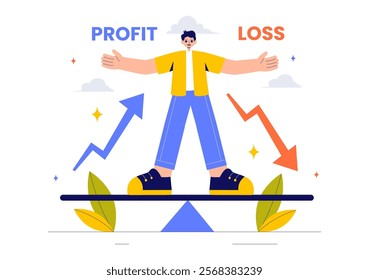 Profit and Loss Vector Illustration Featuring Investment Gains, Earnings, Money Loss, and a Businessman Investor Balancing on a Seesaw with an Arrow