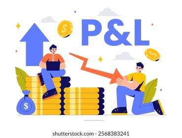 Profit and Loss Vector Illustration Featuring Investment Gains, Earnings, Money Loss, and a Businessman Investor Balancing on a Seesaw with an Arrow