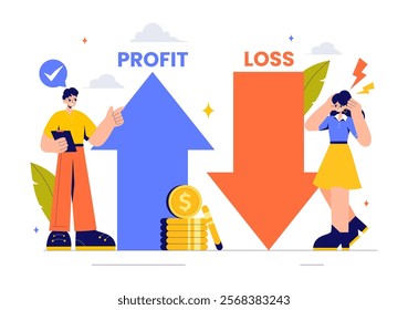 Profit and Loss Vector Illustration Featuring Investment Gains, Earnings, Money Loss, and a Businessman Investor Balancing on a Seesaw with an Arrow