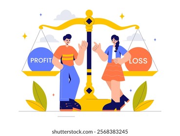 Profit and Loss Vector Illustration Featuring Investment Gains, Earnings, Money Loss, and a Businessman Investor Balancing on a Seesaw with an Arrow