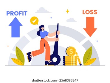 Profit and Loss Vector Illustration Featuring Investment Gains, Earnings, Money Loss, and a Businessman Investor Balancing on a Seesaw with an Arrow