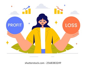 Profit and Loss Vector Illustration Featuring Investment Gains, Earnings, Money Loss, and a Businessman Investor Balancing on a Seesaw with an Arrow