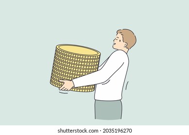 Profit, making money, financial success concept. Young worker businessman cartoon character carrying heap of golden coins in hands meaning wealth and profit vector illustration 