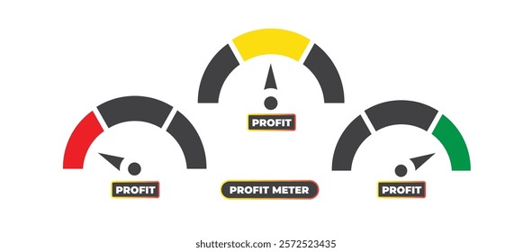 Profit Meter Speedometer Dashboard -  Visual Indicator for Low, Normal, and High-Profit Levels Using Color-Coded Arcs and Profit Label Gauge for Financial Analysis, Business Performance Tracking.