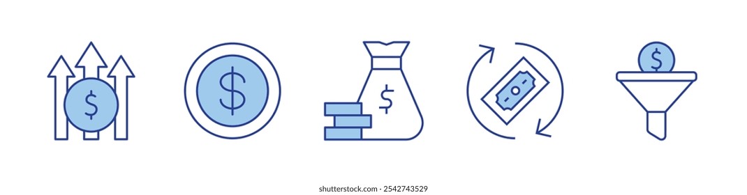 Gewinn, Geld, Geldbeutel, Verkaufstrichter. Symbol, Vektorgrafik. Duotone-Linienstil. Bearbeitbarer Strich.