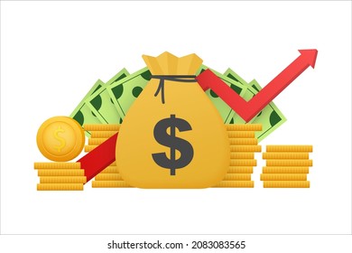 Profit money or budget. Cash and rising graph arrow up, concept of business success. Capital earnings, benefit. Vector stock illustration