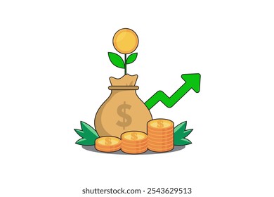 Profit money or budget illustration, flat cartoon pile of cash and rising graph arrow up, concept of business success, economic or market growth, investment revenue, capital earnings, benefit