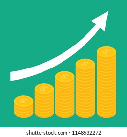 Profit money or budget vector illustration, flat cartoon pile of cash and rising graph arrow up, concept of business success, economic or market growth, investment revenue, capital earnings, benefit