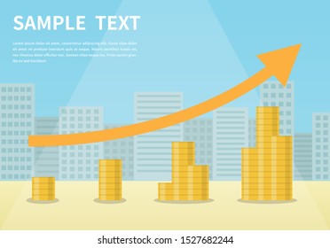 Profit money or budget vector illustration, flat cartoon pile of cash and rising graph arrow up, concept of business success, economic or market growth, investment revenue, capital earnings, benefit