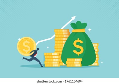 Profit money financial growth concept with golden coin. concept of monetary collection or strategy of profit or benefit making in business to win. vector cartoon design.