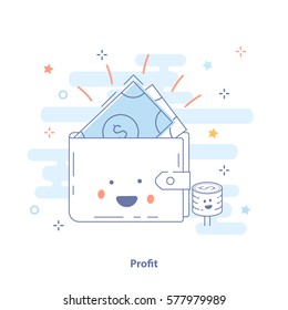 Profit or Money Income icon concept. Happy wallet with earnings. Cute premium quality vector illustration for Website Element, Mobile websites, Apps.