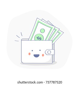 Profit or Money Income icon concept. Happy wallet with Cash, Earnings. Cute premium quality vector illustration for Website Element, Mobile websites, Apps. Cartoon concept,