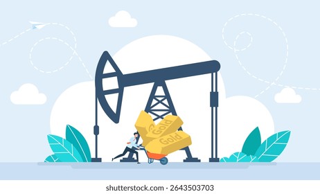 Profit from oil extraction. A man with a wheelbarrow of gold runs against the background of an oil rig. Petroleum oil pump. Currency money mining oil pump coin cash gold coin. Vector illustration