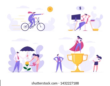 Profit Oriented Business Characters Earning Money. Male and Female Character Grow Money Tree, Achieve Wealth Success, Working by Computer as Freelancer, Investment. Cartoon Flat Vector Illustration