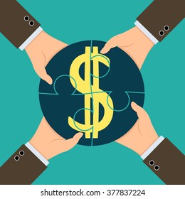 Profit from the partnerships. Human hands holding pieces of a puzzle with the dollar. Stock vector illustration.