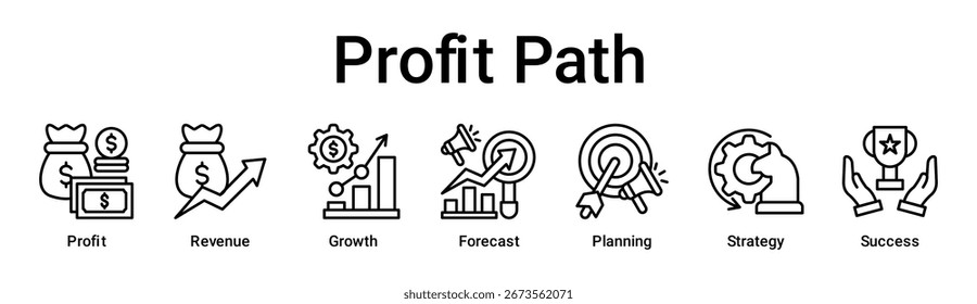 Concepto de Ilustración vectorial de ícono de Web de Anuncio de ruta de ganancias para negocios con ícono de ganancias, ingresos, crecimiento, pronóstico, planificación, estrategia.