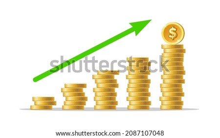 Profit performance graph. Money coins growth, usd revenue economic growths graphic, cash rise business strategy, financial markets profitability increase