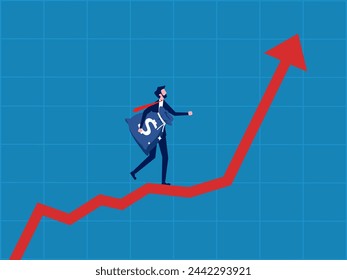 Profit plan. Businessman holding a bag of money walking on a growing graph 