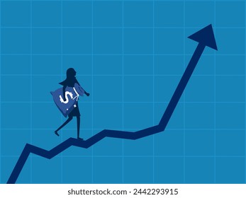 Profit plan. Businesswoman holding a bag of money walking on a growing graph 
