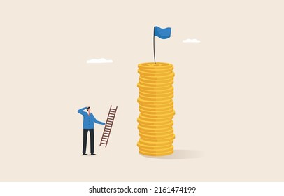 Profit point. Financial goals. Revenue growth or business, organization, company.
long-term, short-term and intermediate goals. A businessman climbs a ladder to get a flag atop a high pile of coins.