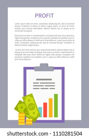 Profit poster framed colorful vector illustration document blank, analytics and statistical bars, dollar currencies with golden coins heap icons