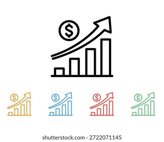 Ícones de Lucro e Progresso. Ícone de vetor de dólar com estilo de contorno. Ícone Gráfico De Vendas, Ícone Aumento De Receita. Conjunto de ícones de design plano colorido.