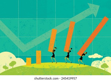 Profit Projections Businesswomen projecting future profits using a life size bar graph. The women and background are on separate labeled layers. 