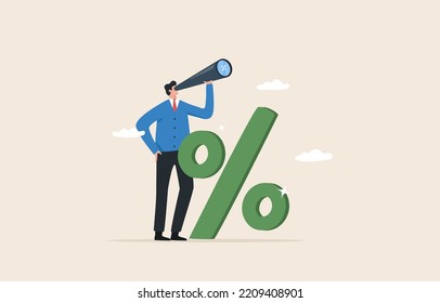 Profit from raising interest rates or investing. Fed interest rate hike policy. A businessman looking through a telescope standing beside a percentage sign. 