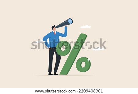 Profit from raising interest rates or investing. Fed interest rate hike policy. A businessman looking through a telescope standing beside a percentage sign. 