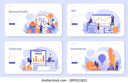 Profit reinvestment web banner or landing page set. Investing business profit in a new project. Idea of financial growth. Investment strategy and capital mobilizing. Isolated flat vector illustration