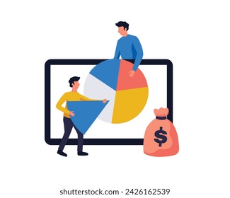 Profit or revenue sharing payment scheme. payment share with other employee in percentage pie chart, formula or distribution to calculate wages, business people cutting pie chart for their paid part.