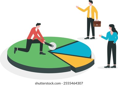 Profit or revenue sharing payment scheme, payment share with other employee in percentage pie chart, formula or distribution to calculate wages, business people cutting pie chart for their paid part.
