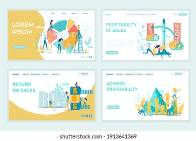 Profit, ROS and Return on Sales Achieve Profitability Landing Page Set. Digital Marketing Strategy. Financial Project Results in Analytics Graphs and Charts. Business Optimization. Vector Illustration