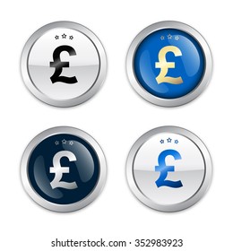 Profit seals or icons with pound sterling symbol. Glossy silver seals or buttons.